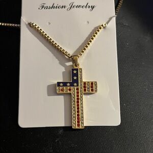 Gold Cross Pendant with American Flag Design Necklace